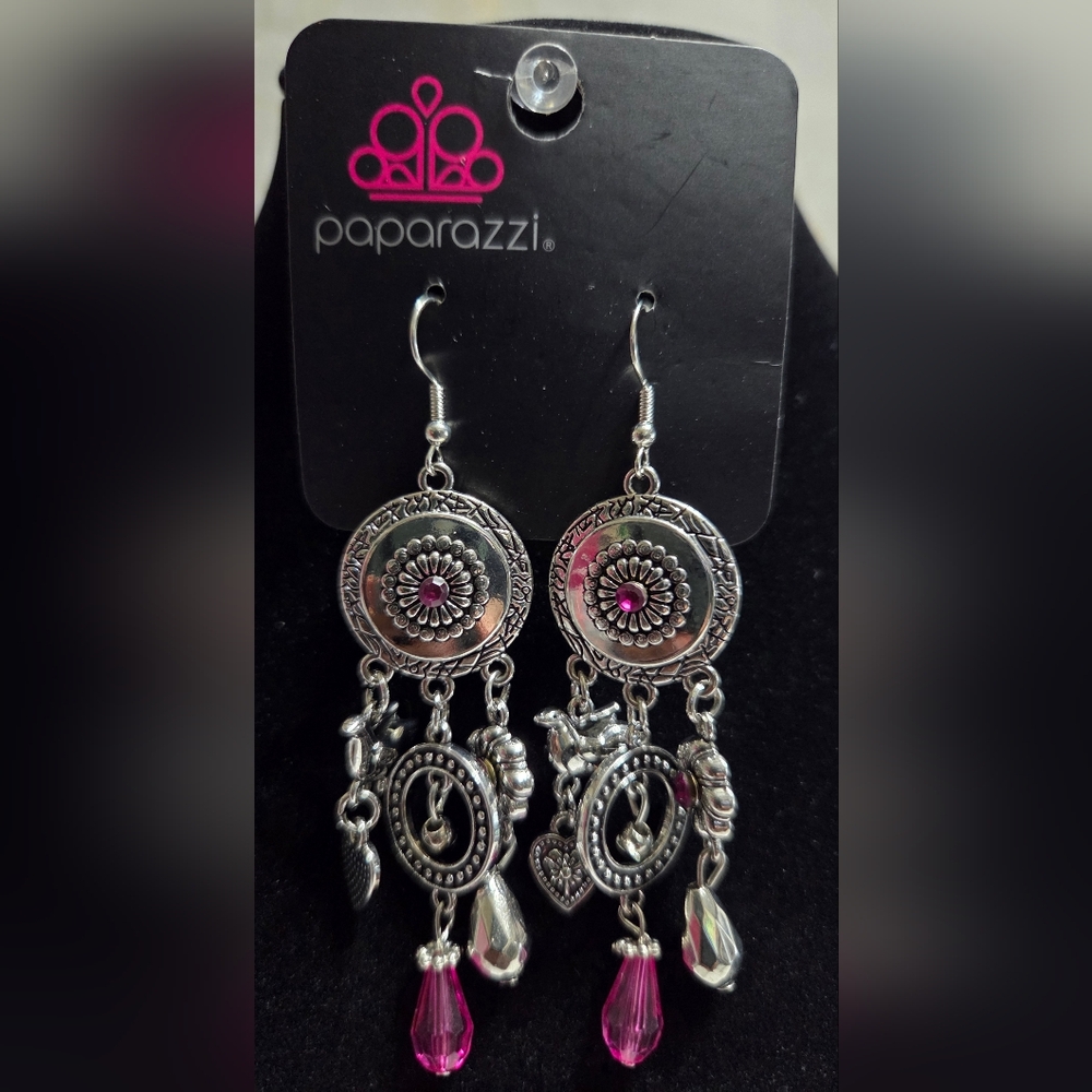 Paparazzi Silver Earrings with Pink Accents